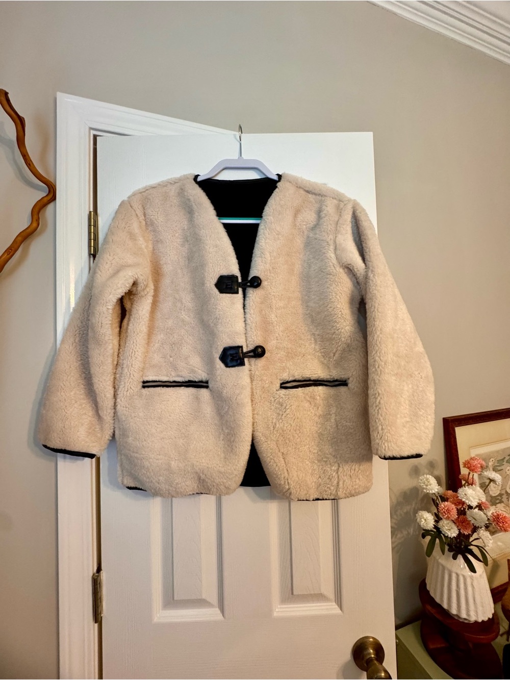 Women’s Cream Faux Shearling Jacket with Toggle Closures